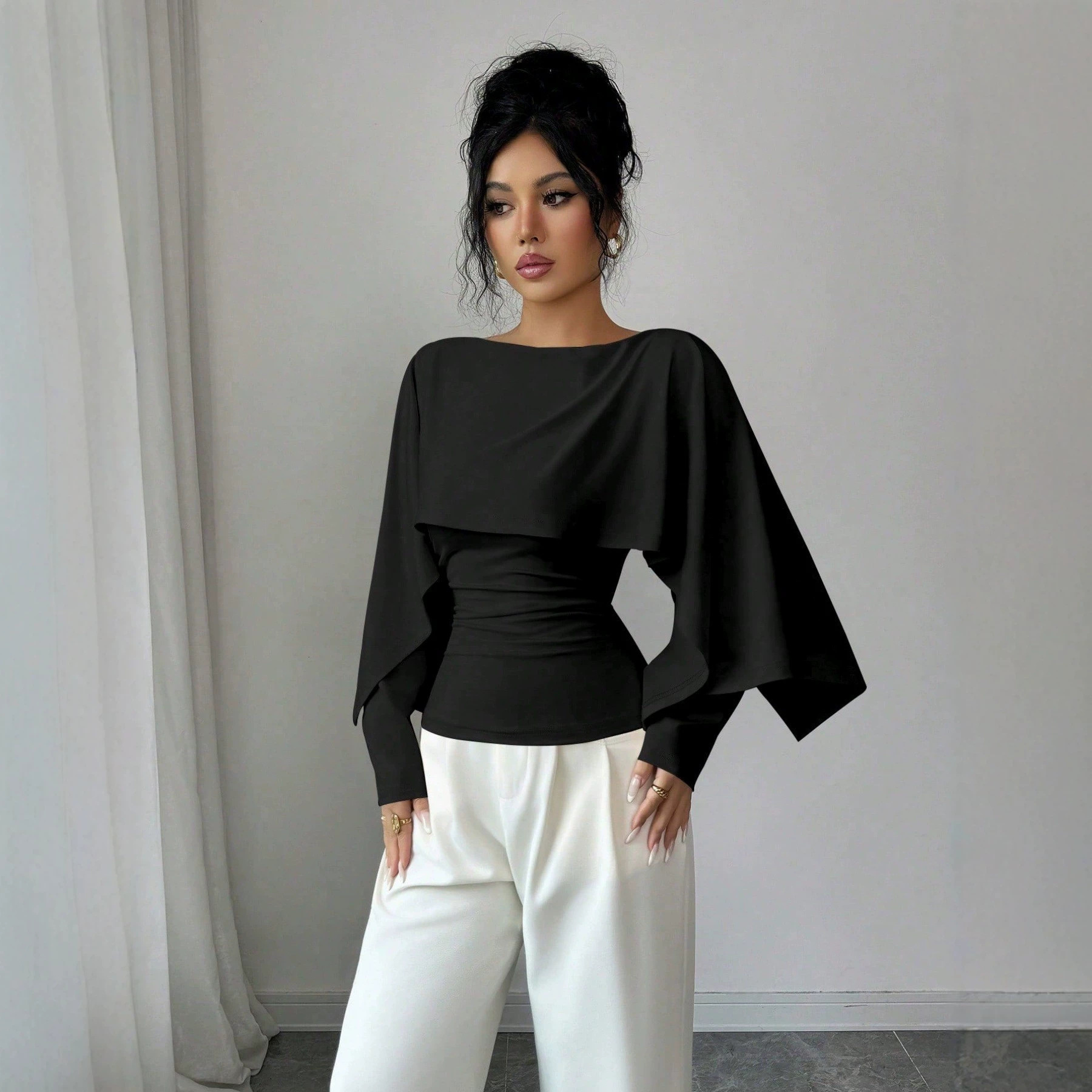 Women's Cape-Style Slimming Knit Top Crew Neck Long Sleeve