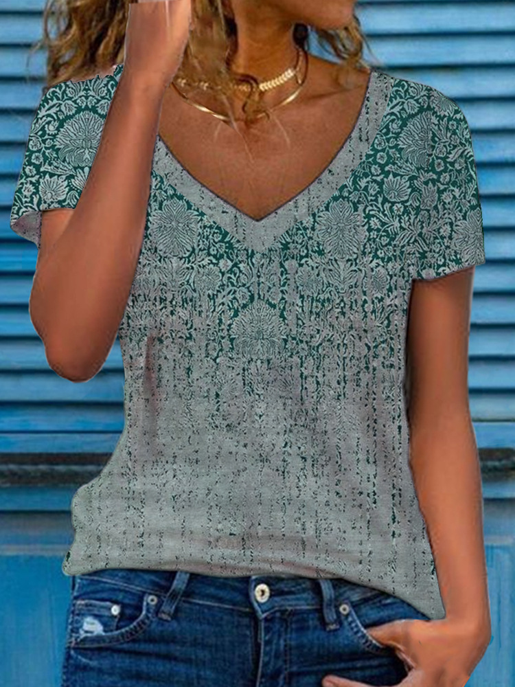 Women's Floral Print Short Sleeve V-Neck Loose Top