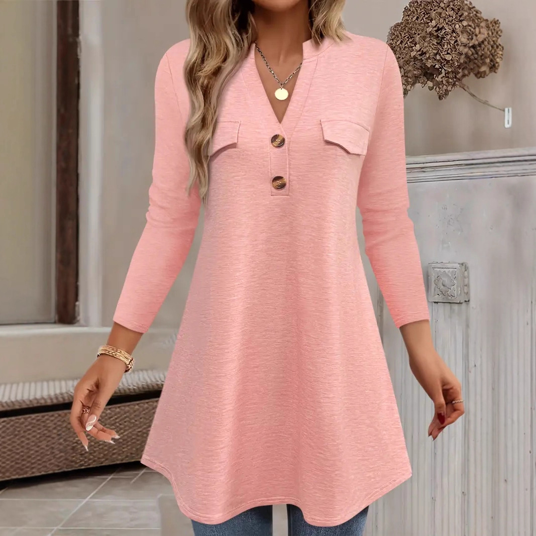 Women's Long Sleeve V-Neck Button Solid Color A-Line Tunic Top