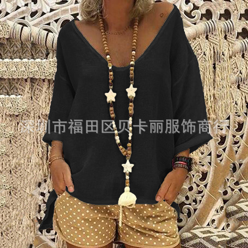 Women's V-Neck Half-Sleeve Cotton-Linen T-Shirt