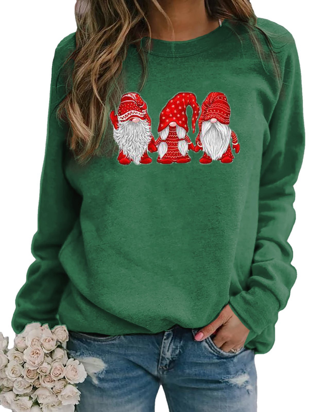 Women's Christmas Santa Print Long Sleeve Crewneck Loose T-Shirt