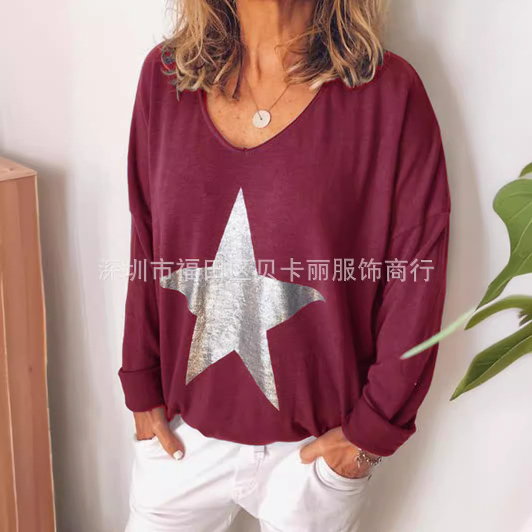 Women's Long Sleeve V-Neck T-Shirt Loose Fit Knit Top