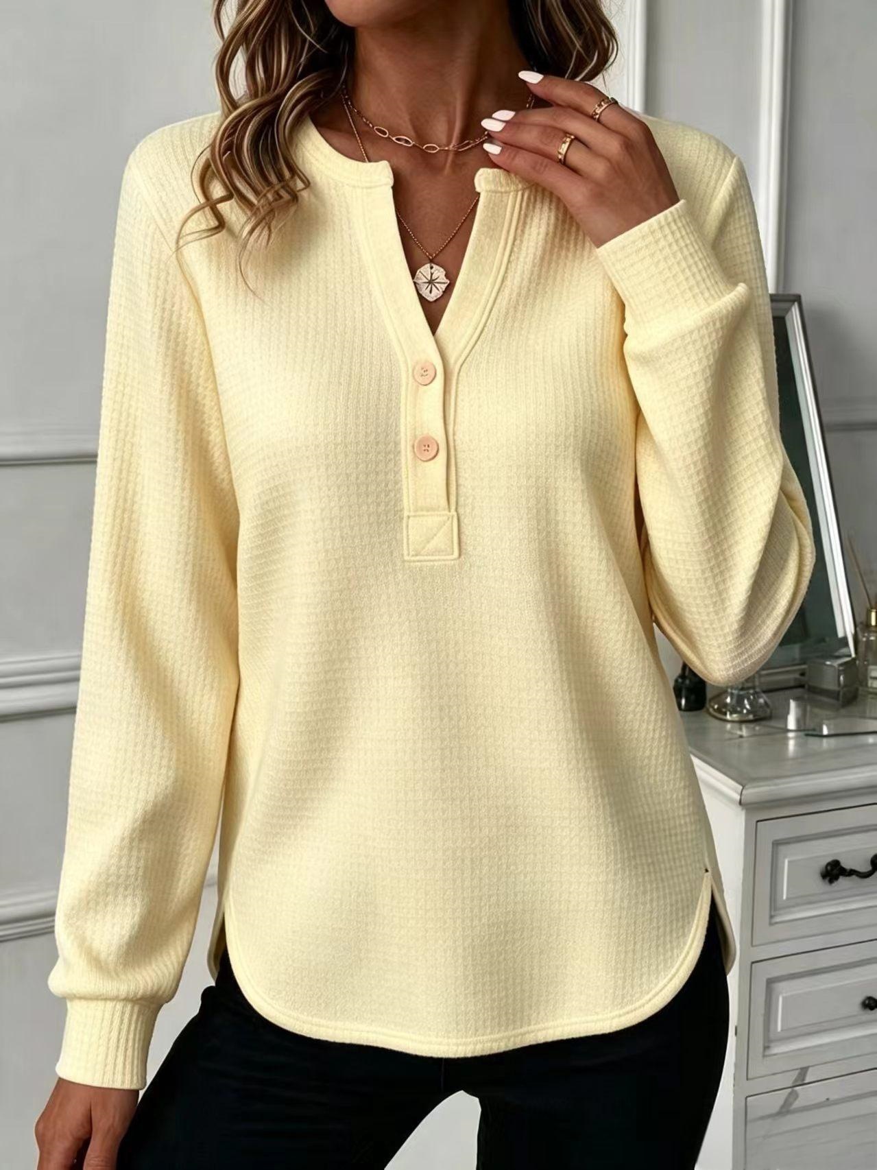 Waffle Knit V-Neck Button Loose Fit Long Sleeve Top