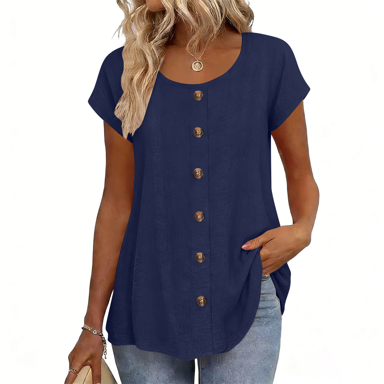 Elegant Button-Trim Solid Short-Sleeve Crewneck T-Shirt