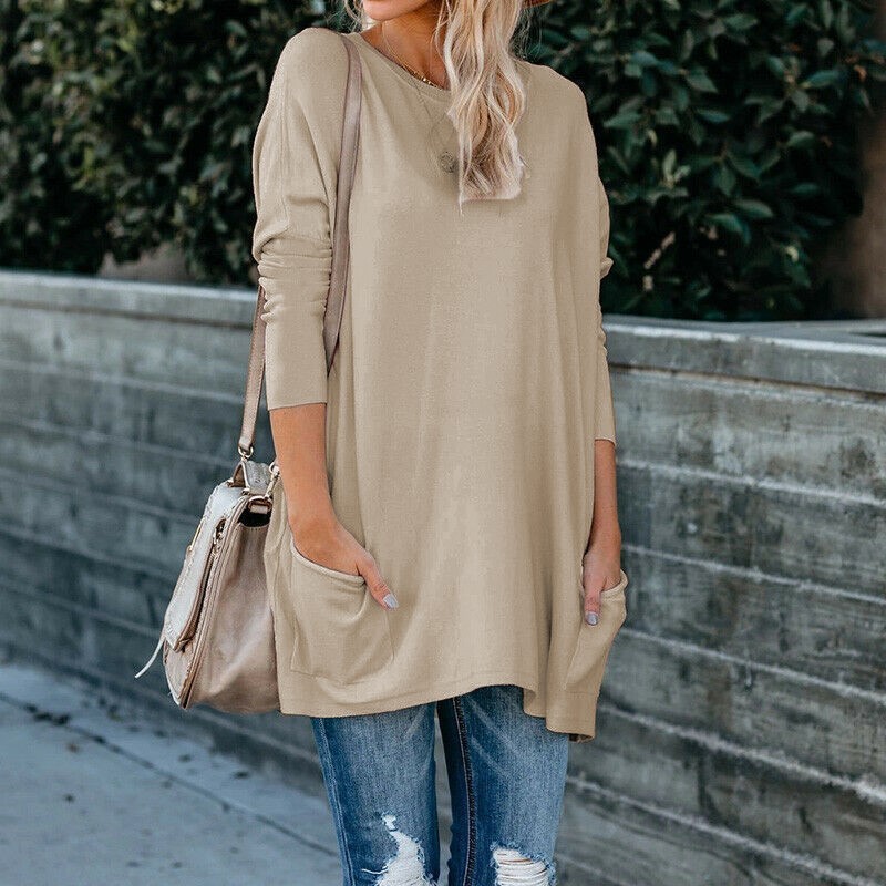 Women's Crewneck Long-Sleeve Pocket T-Shirt Plus Size