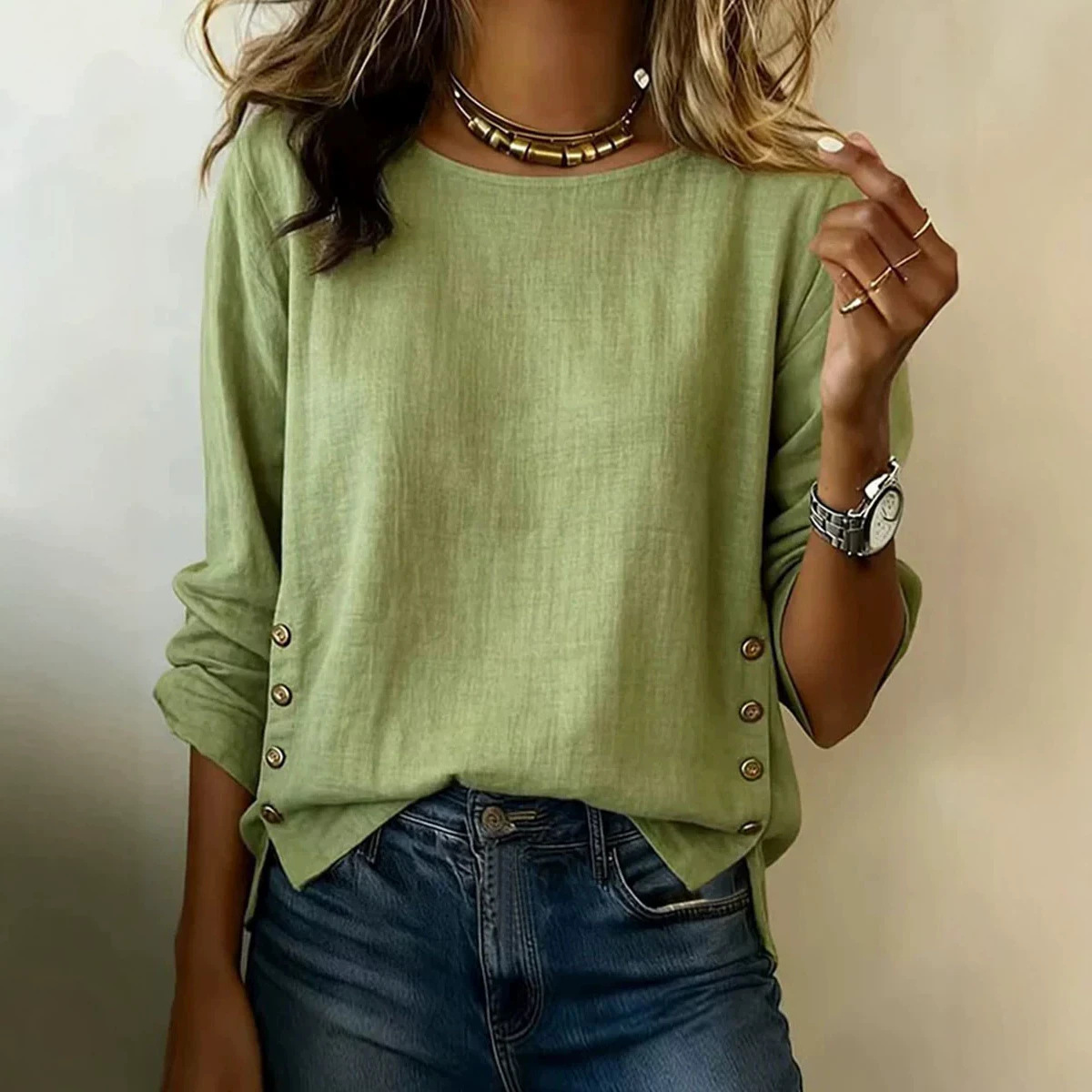 Women's Solid Crewneck Loose Casual Cotton-Blend Top
