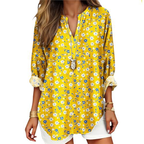 Women's Floral Polka Dot Print V-Neck Long Sleeve T-Shirt