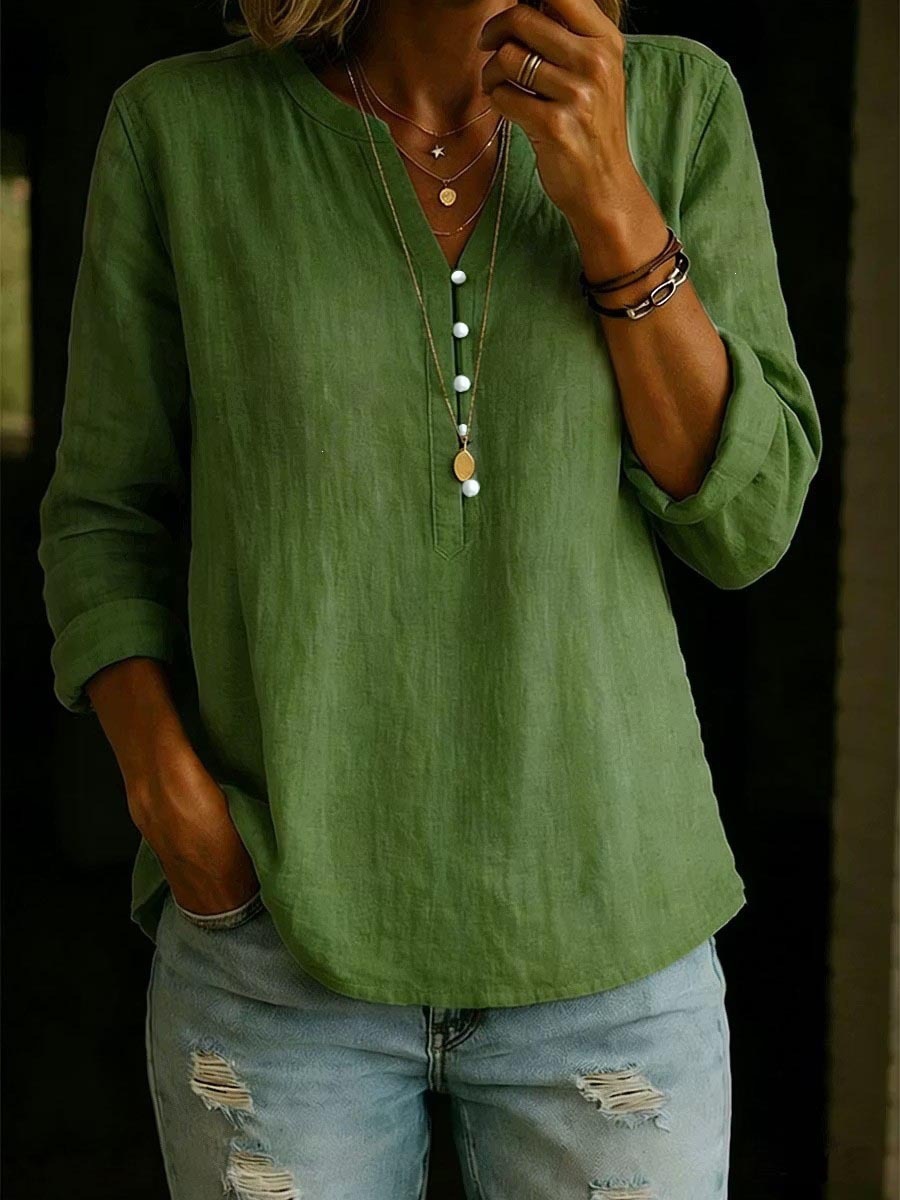 Cotton-Linen V-Neck Button-Front Long-Sleeve Top