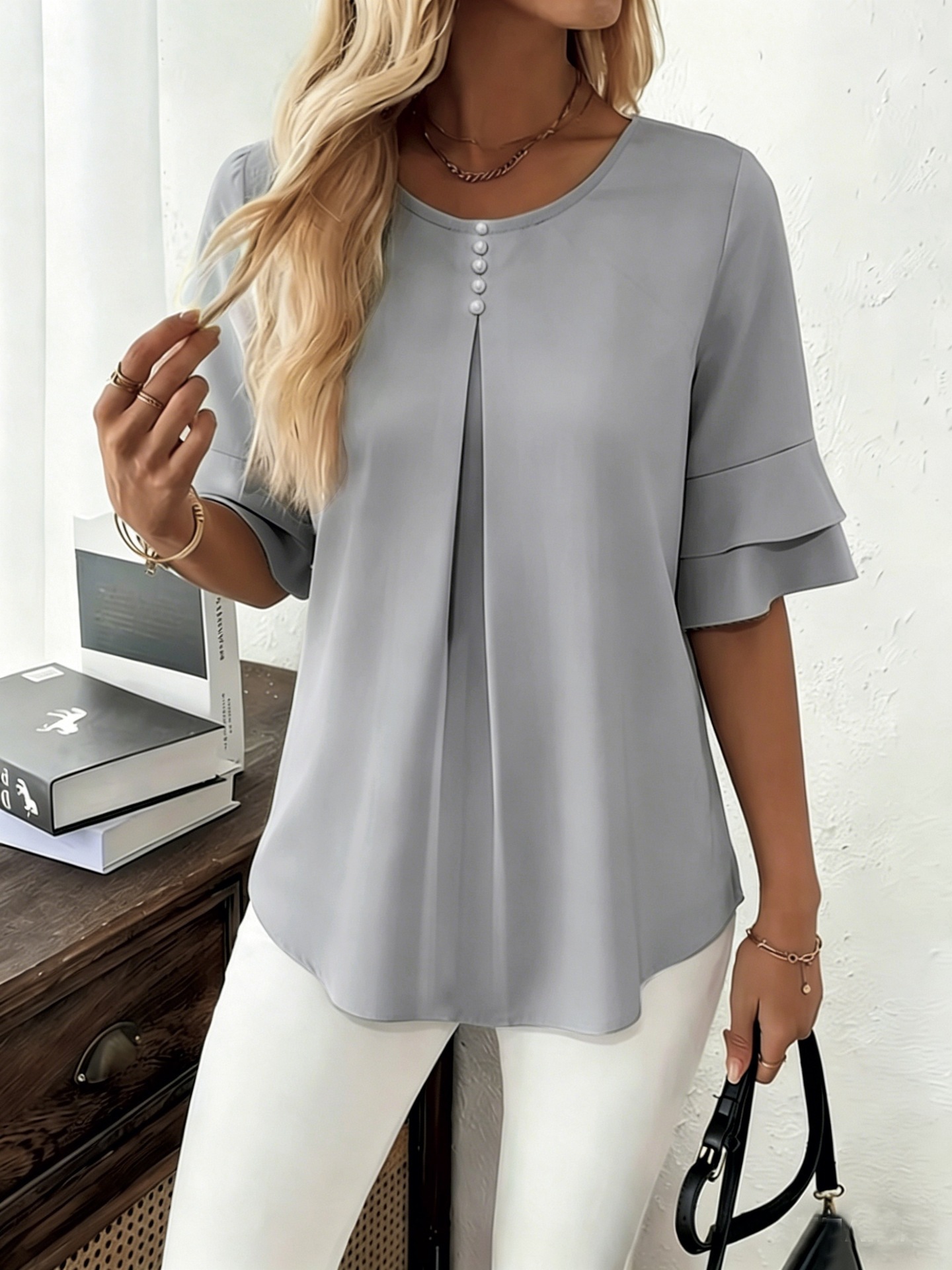 Women's Loose Double Ruffle Short Sleeve Blouse