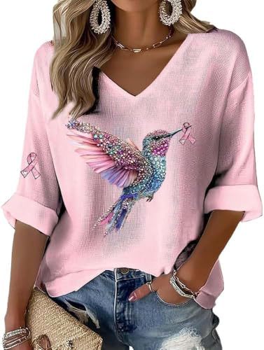 Women's Bird Sparrow Ribbon Print V-Neck Half-Sleeve T-Shirt