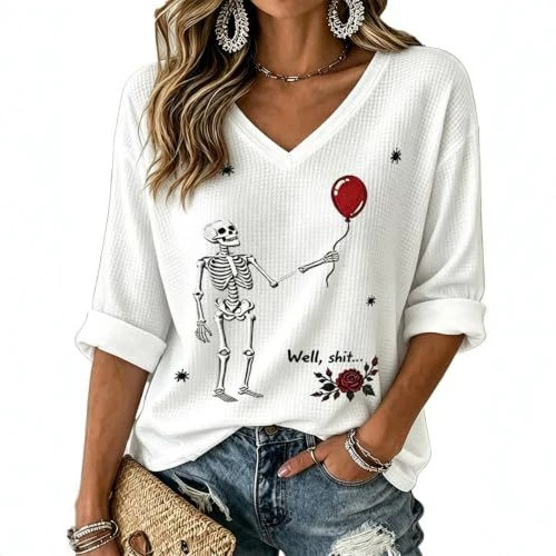 Skull Floral Balloon Print V-Neck Mid-Sleeve T-Shirt
