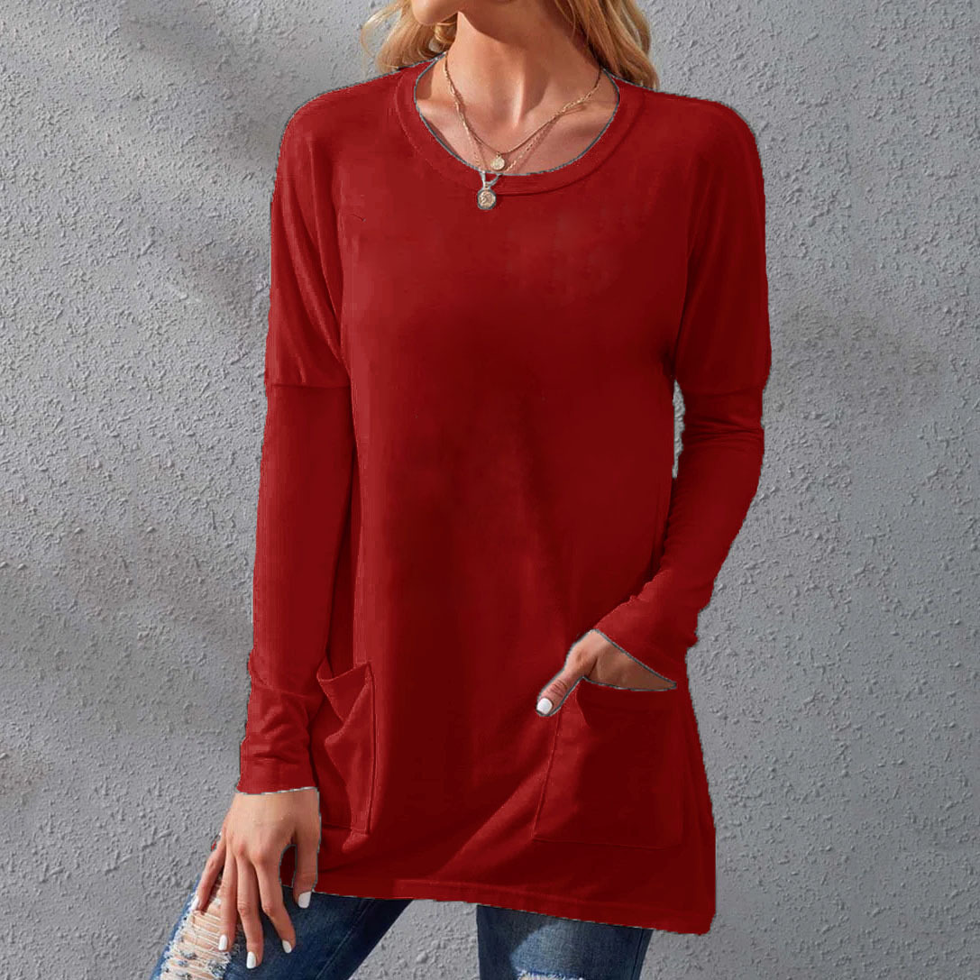 Women's Loose Fit Crewneck Short Sleeve Pocket Solid Midi T-Shirt