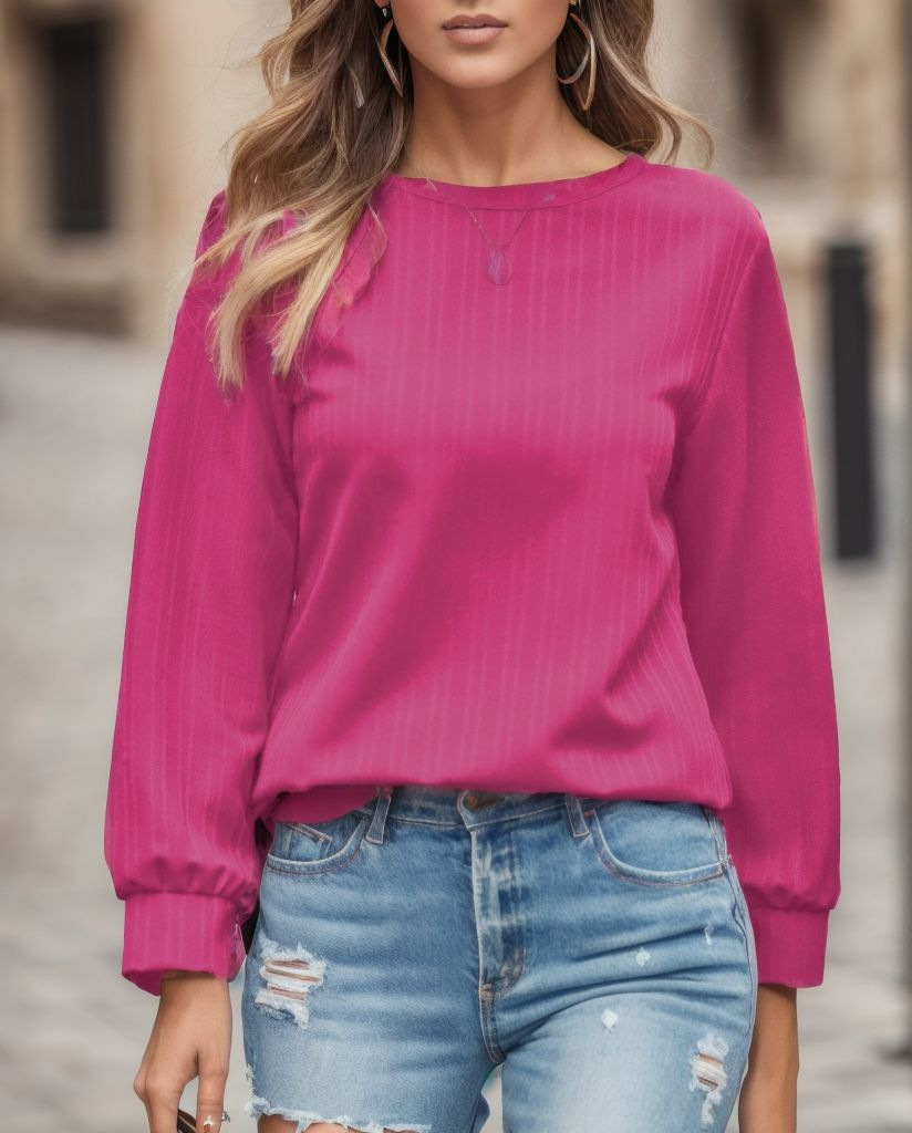 Women's Solid Color Double-Line Jacquard Long-Sleeve Loose Fit Top