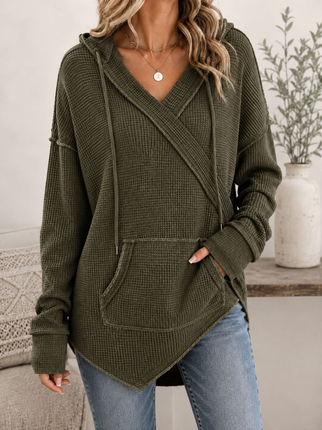 Waffle Knit Drawstring Hoodie Casual Pullover