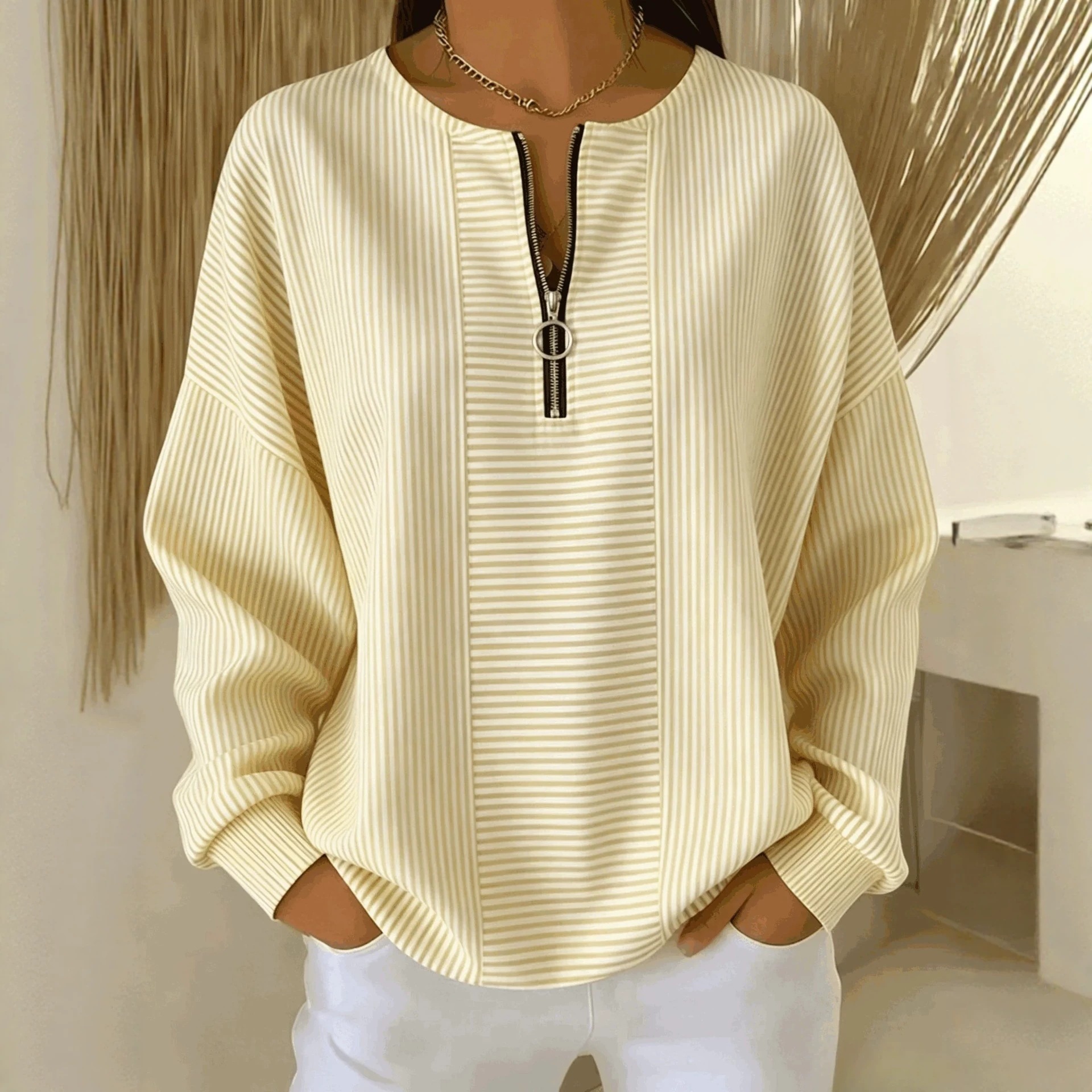 Striped Zip-Up Long Sleeve Loose Drop Shoulder Round Neck T-Shirt for Women