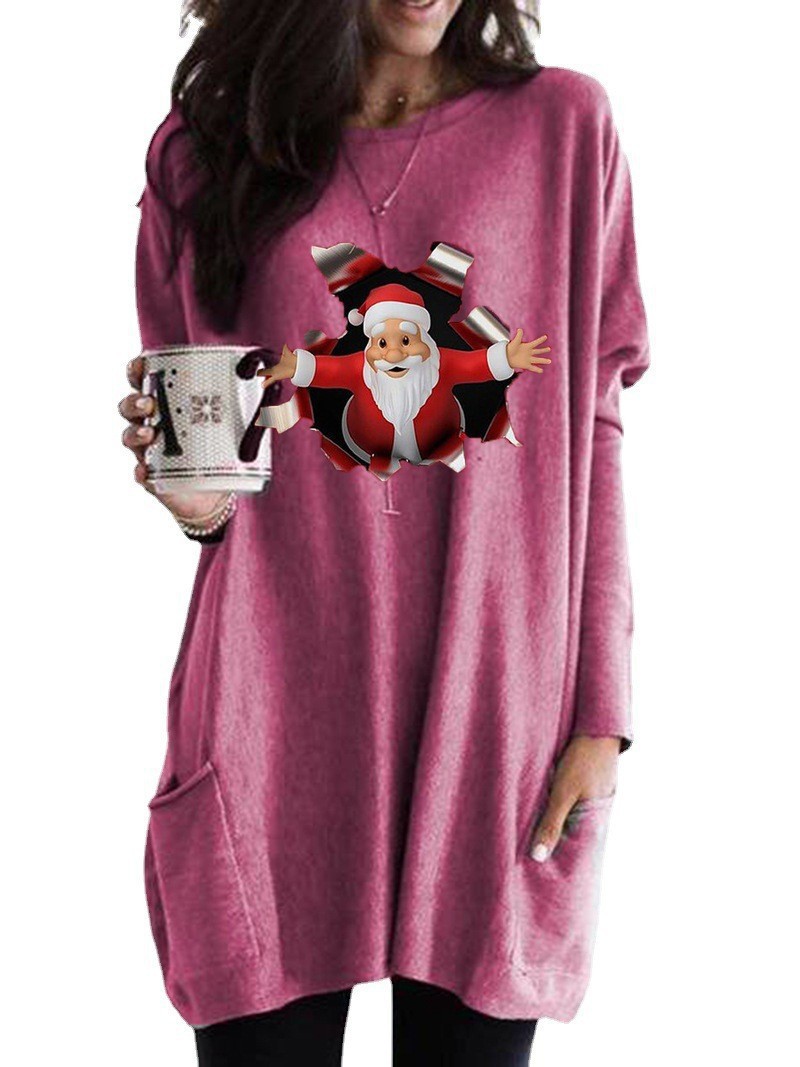 Christmas Santa Print Long Sleeve Crewneck Casual T-Shirt for Women