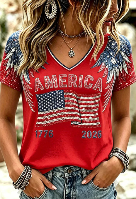 USA Flag 3D Print V-Neck Short Sleeve Women's T-Shirt