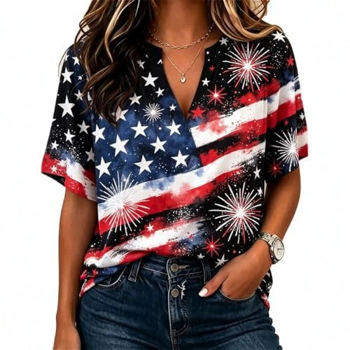 Women's V-Neck Half-Sleeve T-Shirt with 3D Print