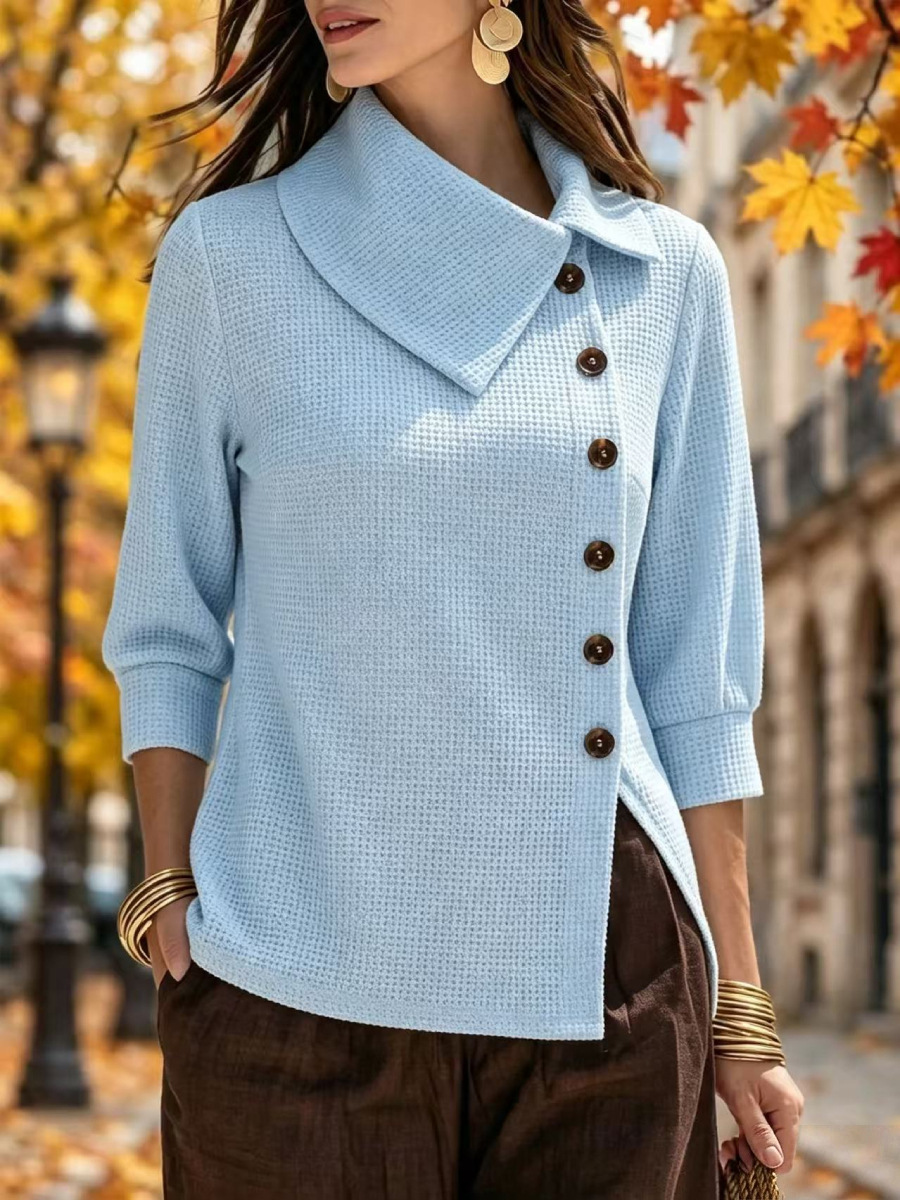 Waffle Knit Collared Asymmetric Button 3/4 Sleeve Loose Women's Top