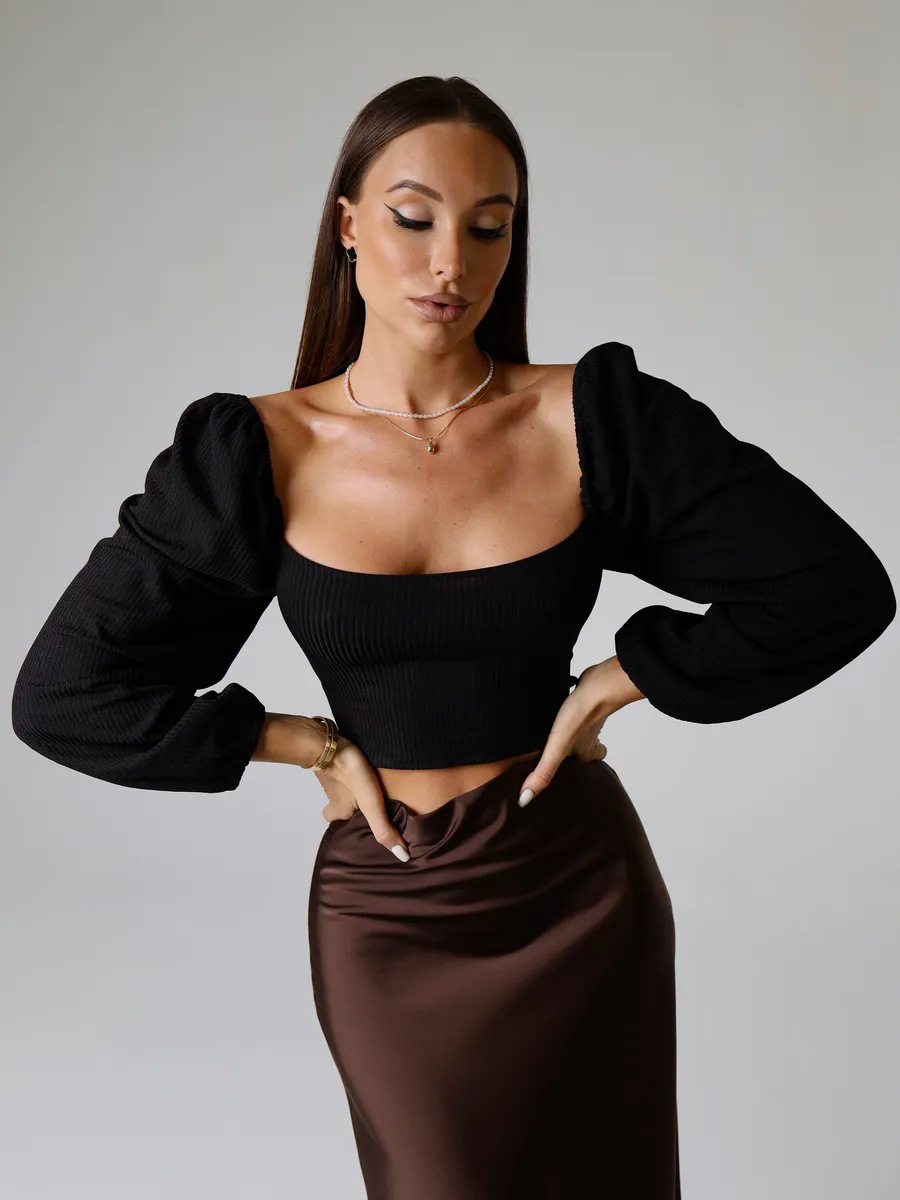 Ribbed Drawstring Lantern Sleeve Open Back Square Neck Slim Fit Long Sleeve Top