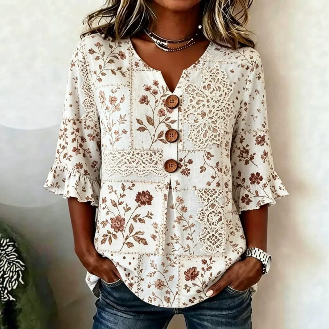 Retro Floral Print Short Sleeve Button-Up Top