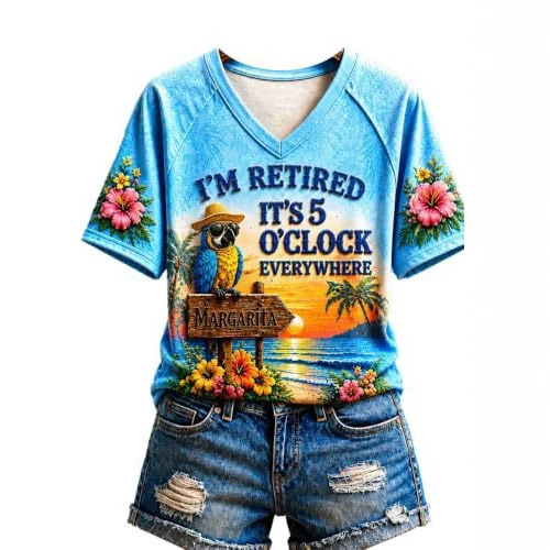 Women's Vacation Print Short Sleeve V-Neck Top