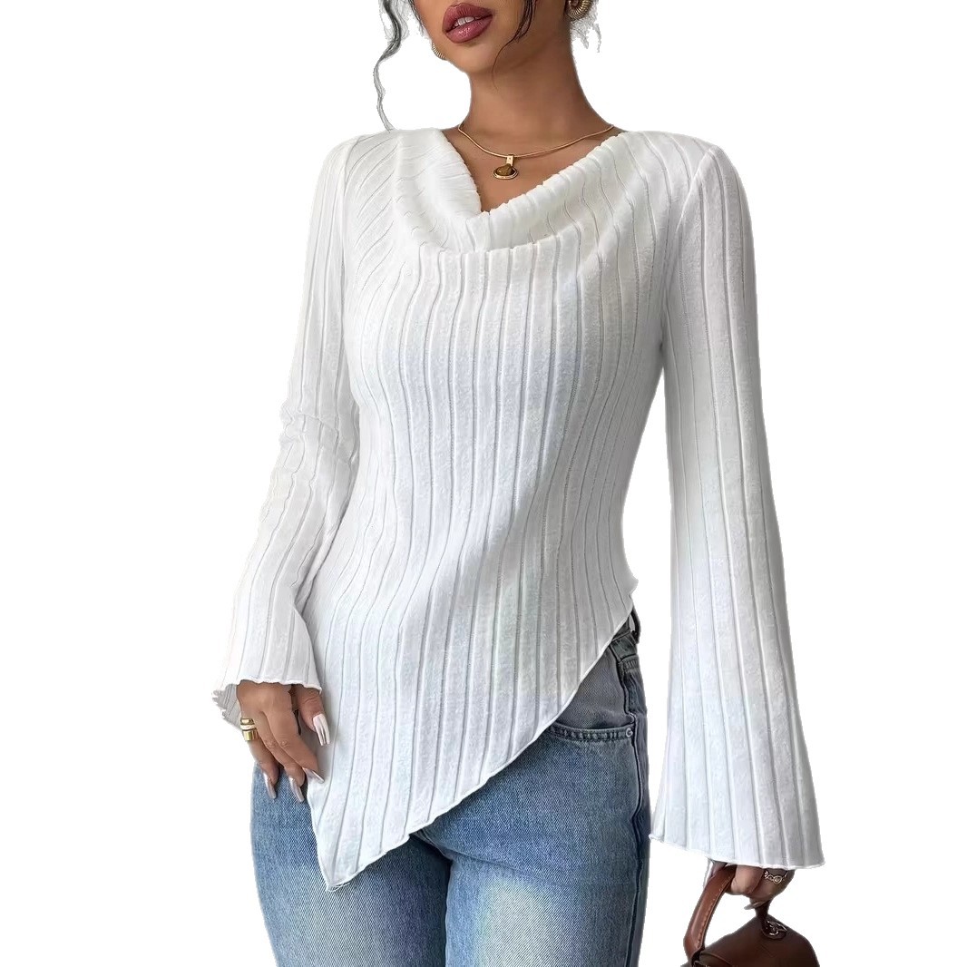 Women's V-Neck Long Sleeve Solid Color T-Shirt
