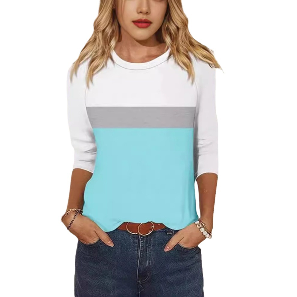 Women's Colorblock Seven-Sleeve Crewneck T-Shirt Casual Top