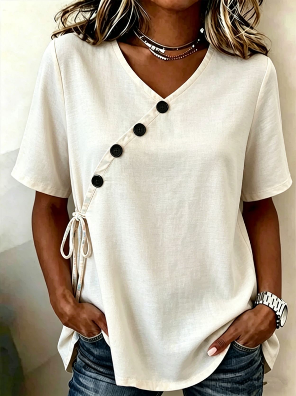 Women's Solid V-Neck Short Sleeve Cotton-Linen Tie Button Loose Casual T-Shirt