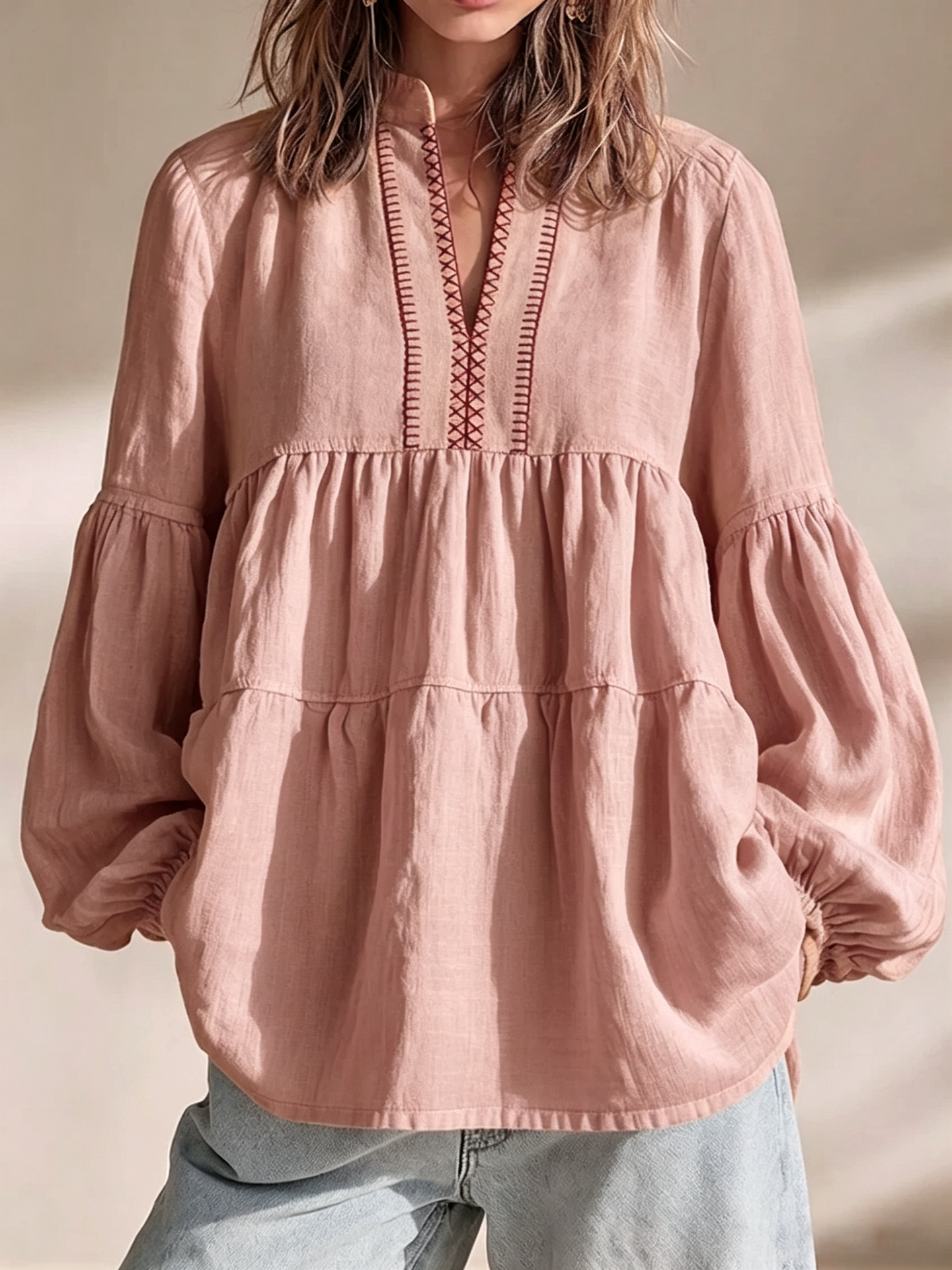 Boho Floral Print Stand Collar Pleated Loose Long Sleeve Top