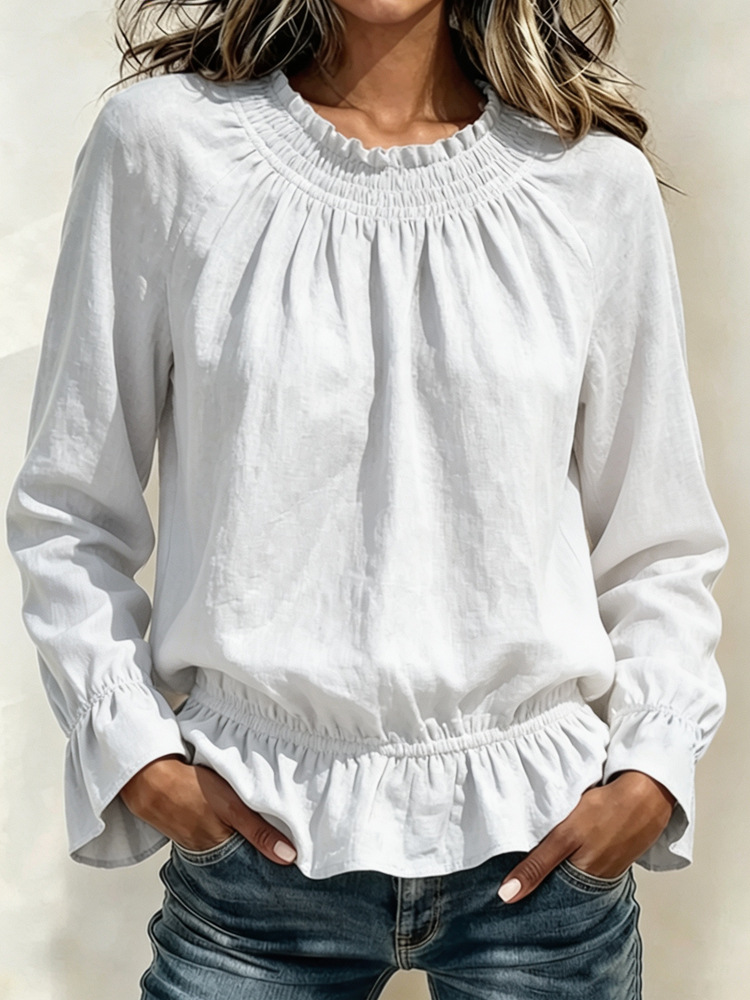Women's Casual Crewneck Long-Sleeve Ruffle Solid Color T-Shirt