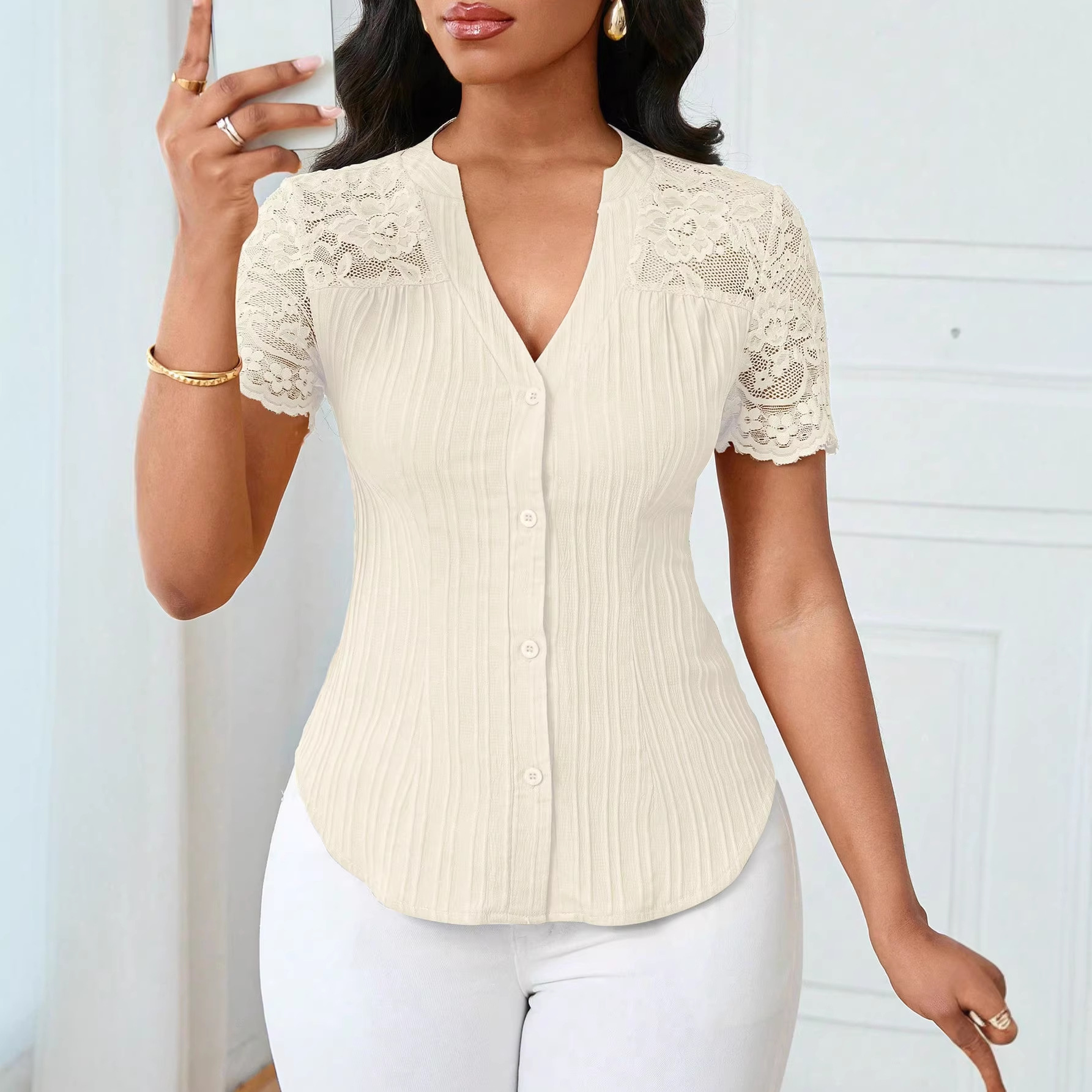 Women's Single-Breasted Embroidered Cutout Short-Sleeve Top