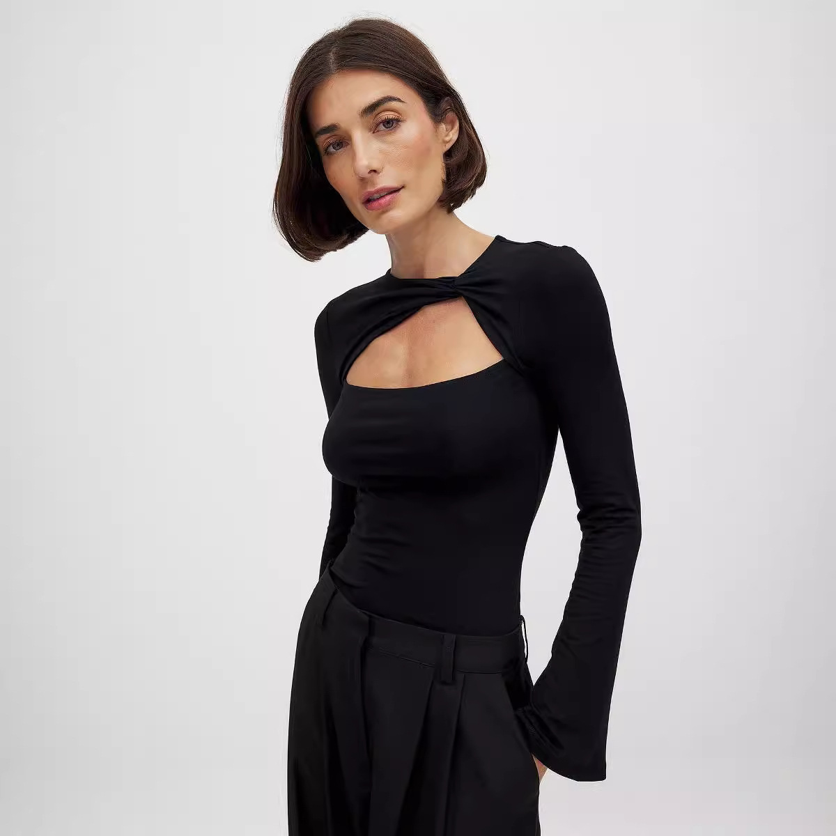 Women's Double-Layer Collar Cutout Faux Two-Piece Slim Fit Long Sleeve Top