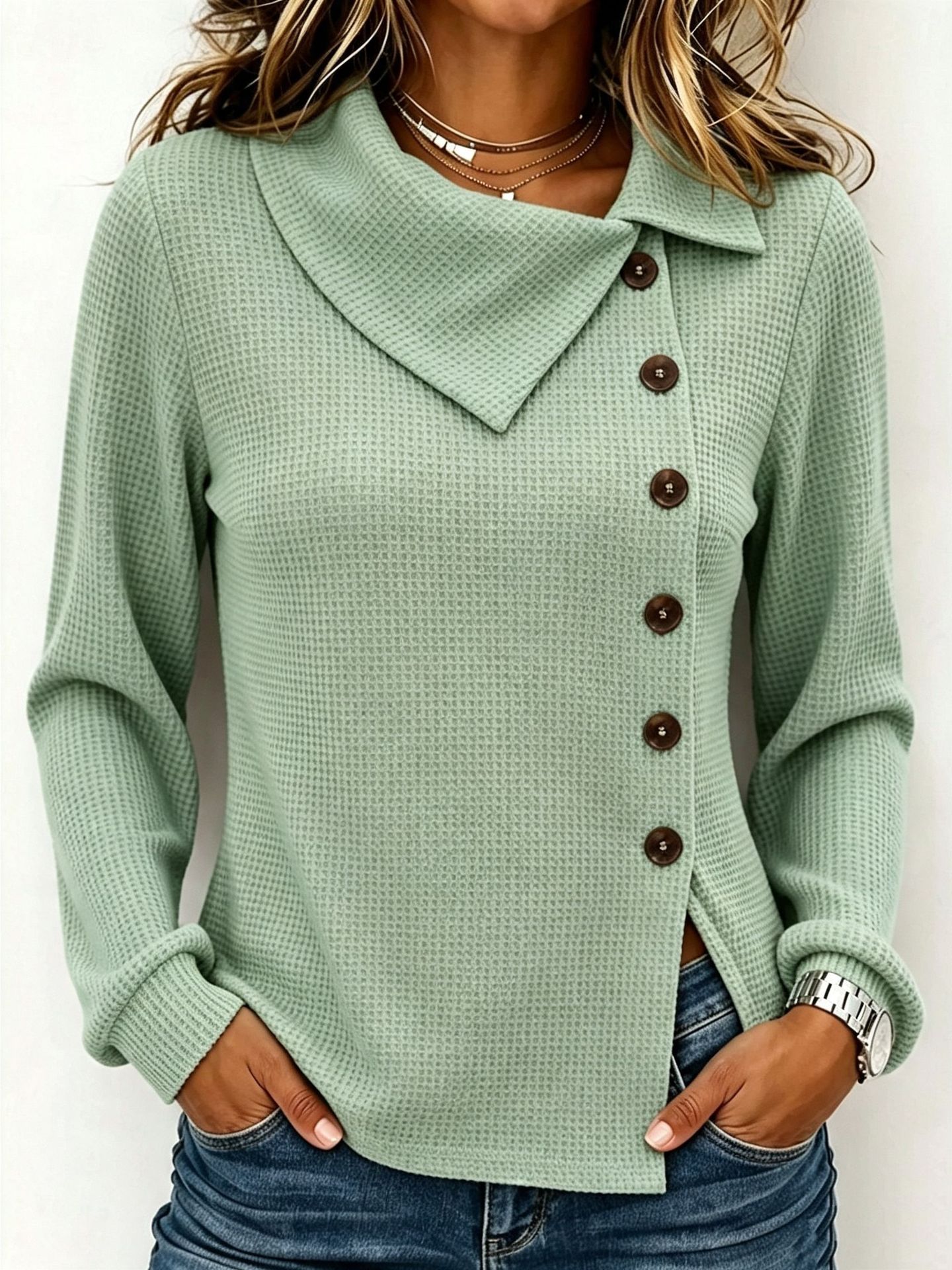 Women's Waffle Knit Button-Front Long-Sleeve Top with Asymmetric Collar