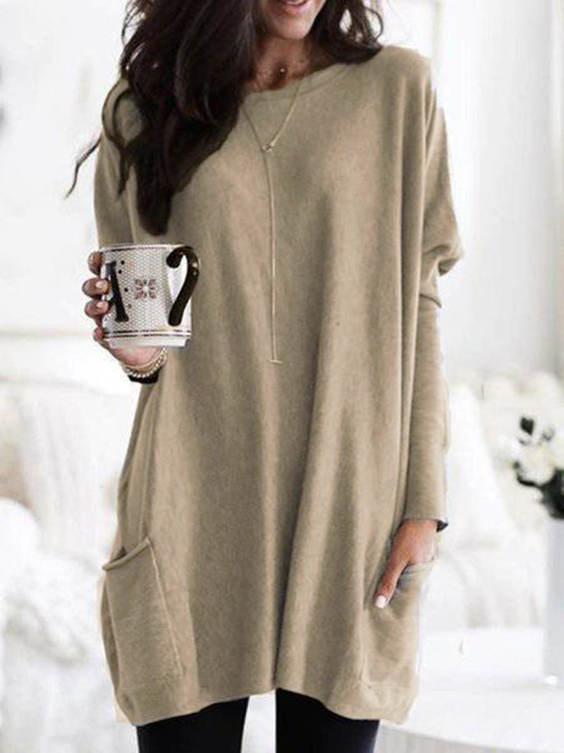 Women's Long Sleeve Pocket T-Shirt Casual Loose Fit Crew Neck Top