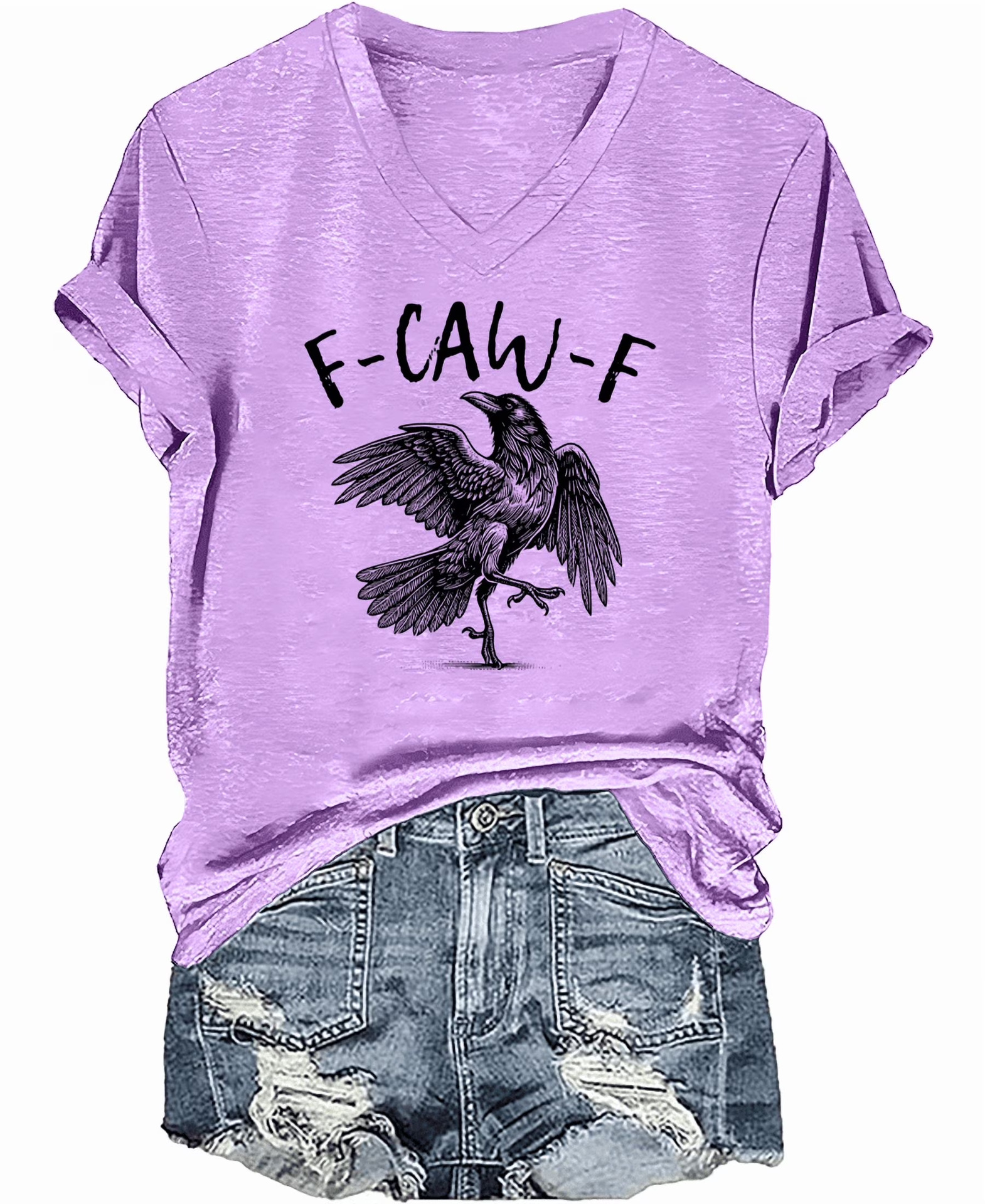Flying Raven Graphic V-Neck Short Sleeve T-Shirt for Women