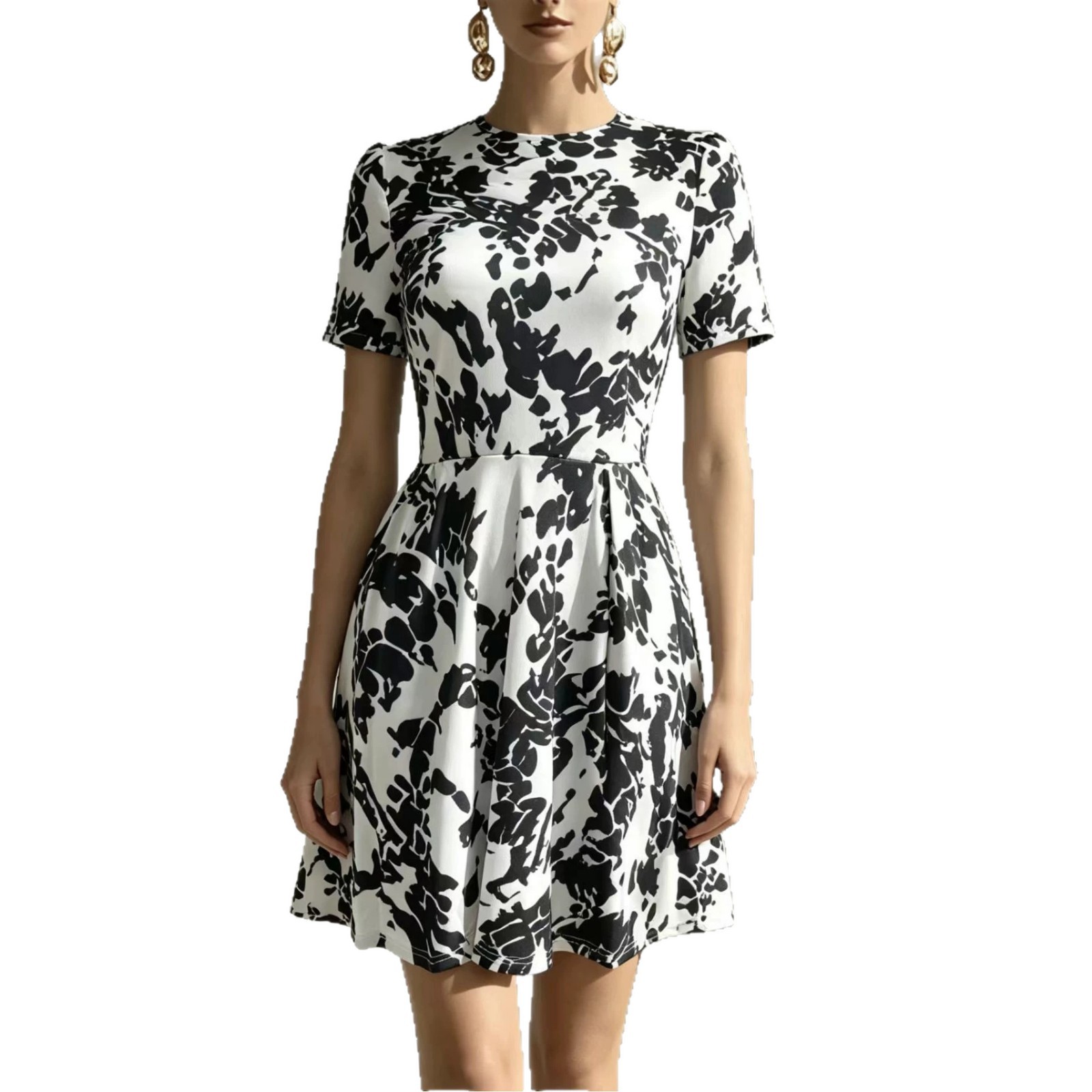 Abstract Floral Print Short Fit-and-Flare Dress with Cinched Waist