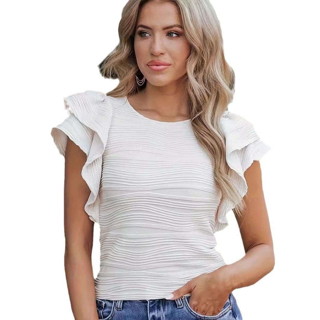 Women's Textured Ruffle Short Sleeve Crew Neck T-Shirt