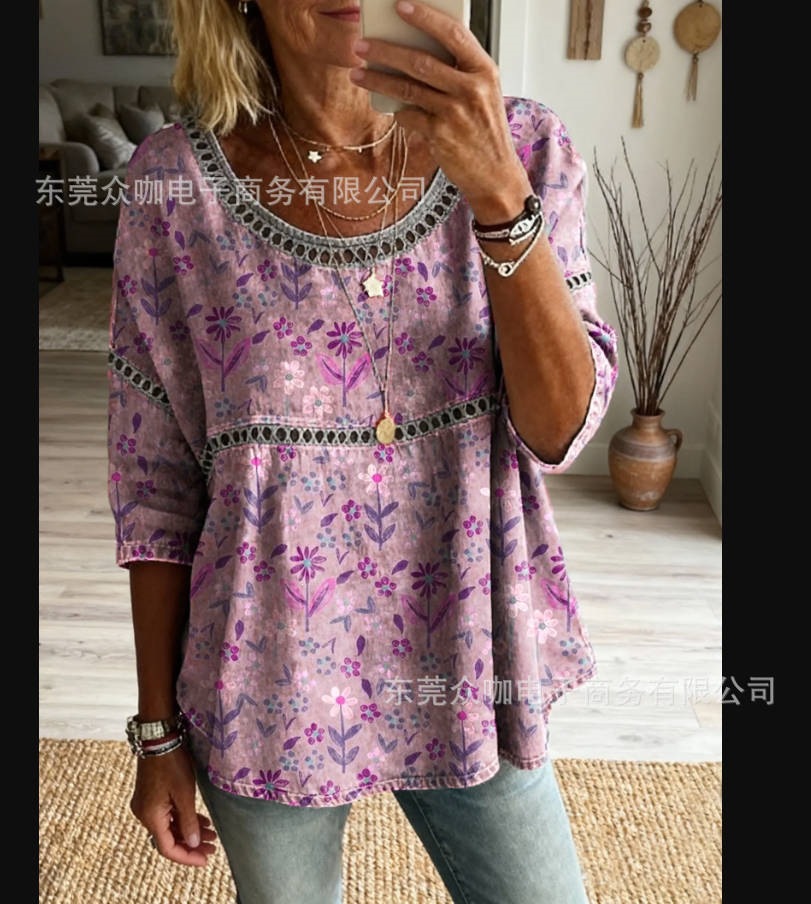 3D Floral Print Crewneck Half-Sleeve Ruched Top
