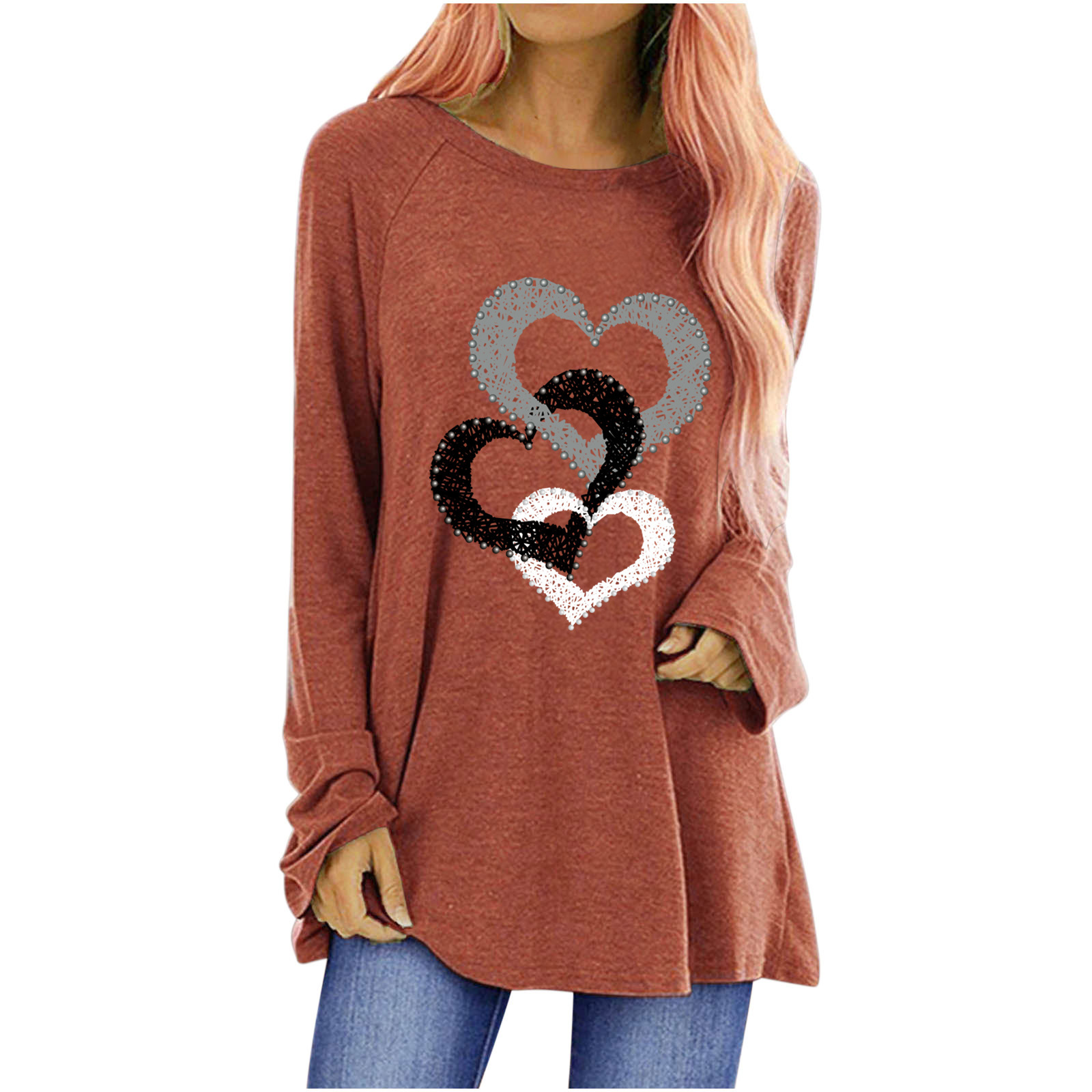 Women's Heart Print Crewneck Long Sleeve Top