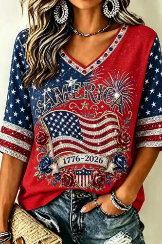 American Flag Fireworks Print V-Neck Short Sleeve T-Shirt for Women