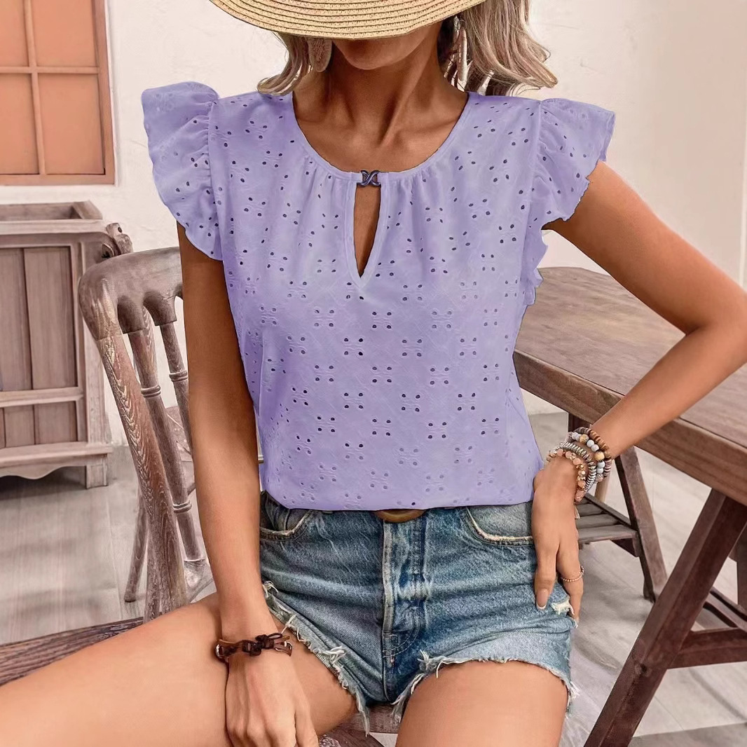 Jacquard V-Neck Ruffle Sleeve Short Sleeve T-Shirt