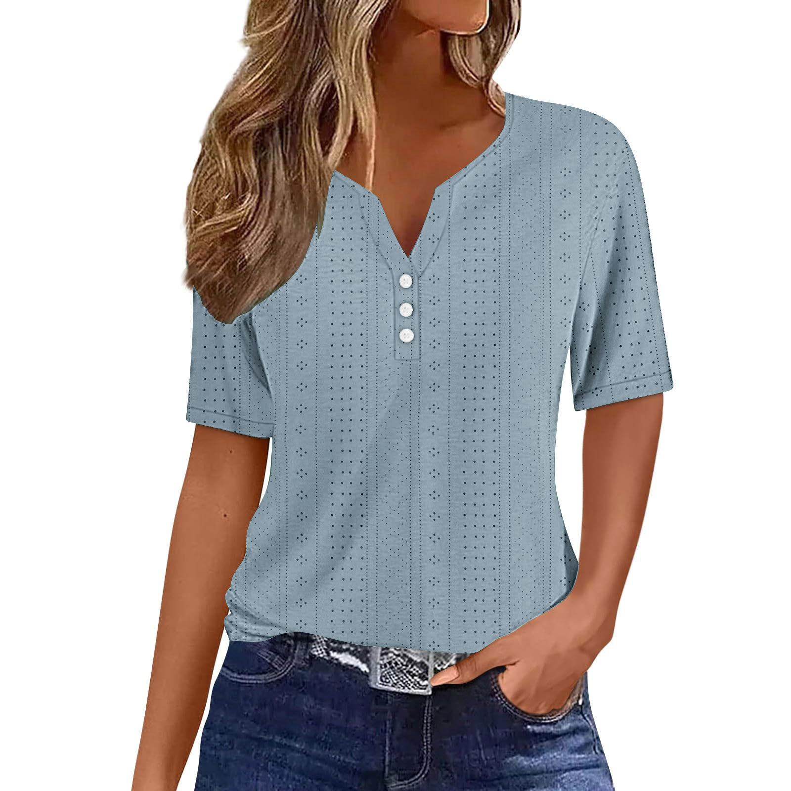 Women's Summer V-Neck Jacquard Hollow-Out Short-Sleeve Top