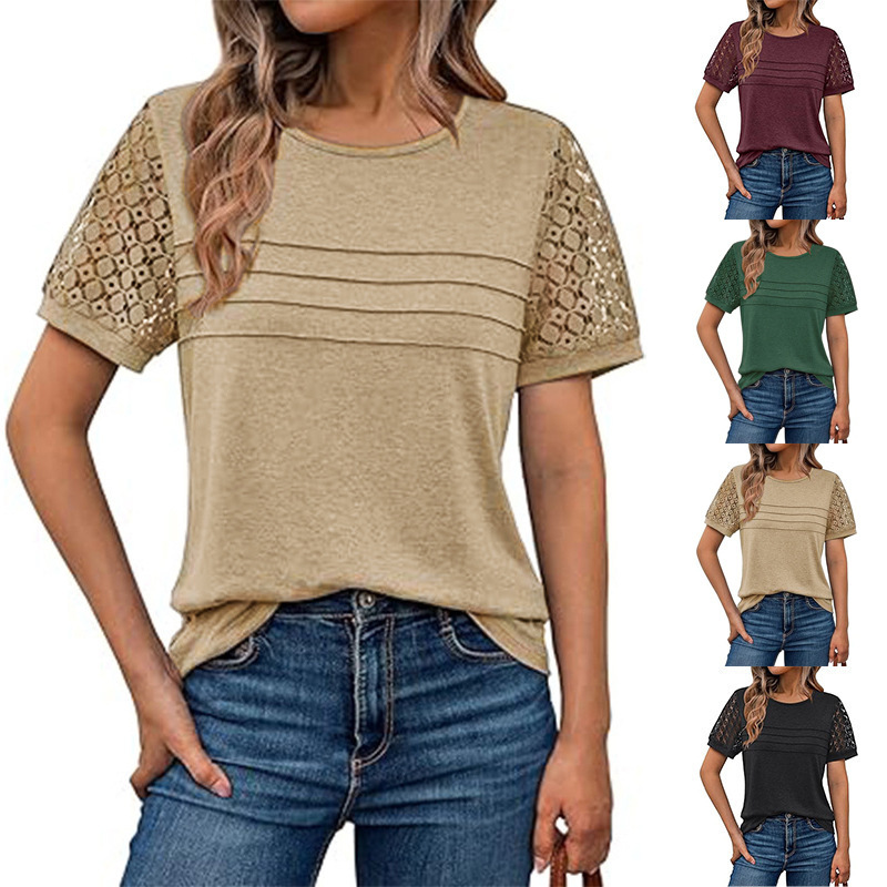 Women's Casual Loose Round Neck Lace Trim Solid T-Shirt