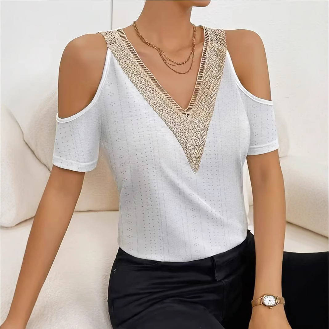 Women's Lace Trim V-Neck Cold Shoulder Short Sleeve Top