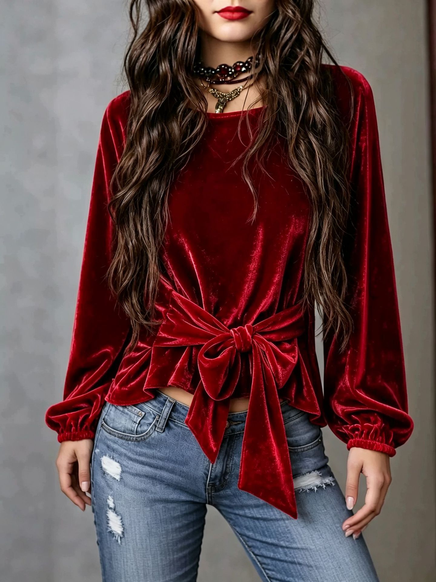 Women's Velvet Long-Sleeve Tie-Bow Slim Fit Top