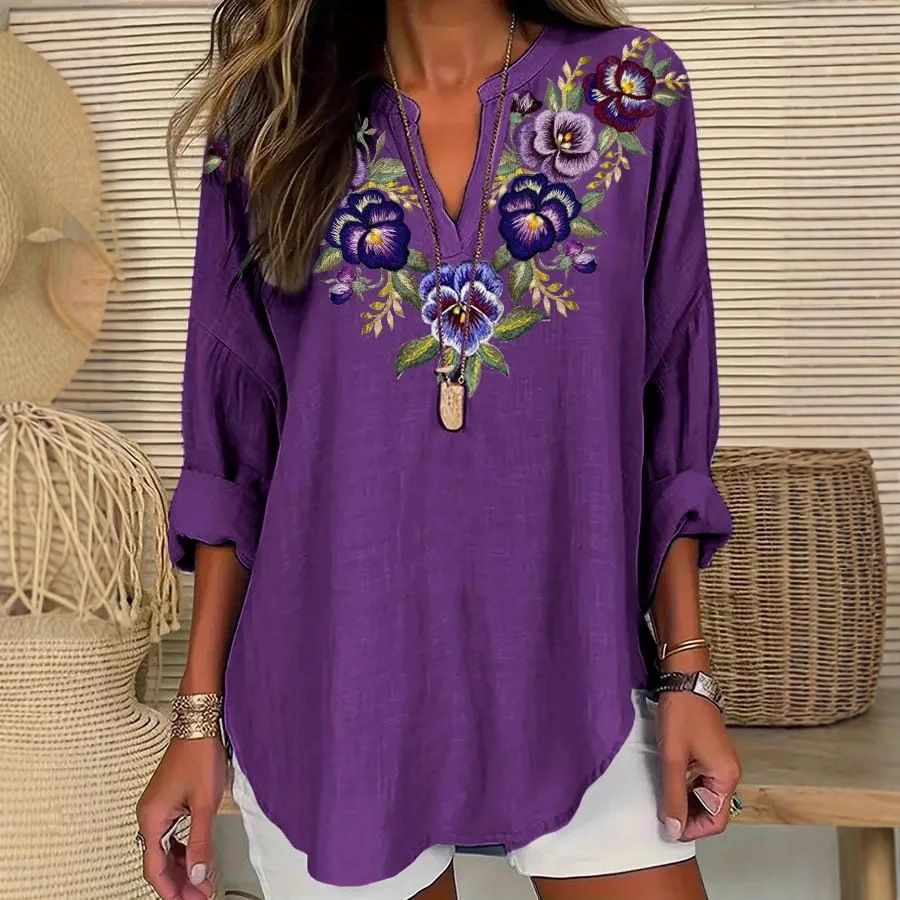 Floral Print V-Neck Long Sleeve T-Shirt for Women