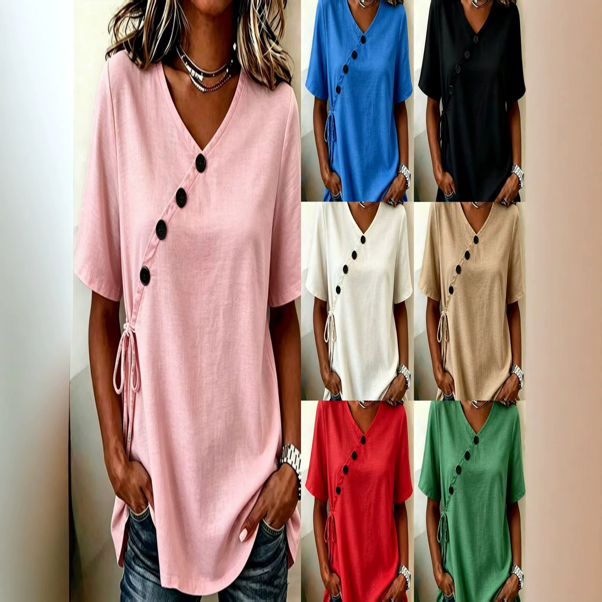 Women's Solid V-Neck Short Sleeve Cotton-Linen Tie Button Loose Casual T-Shirt