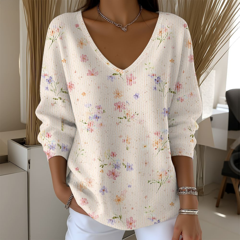 Women's V-Neck Long Sleeve T-Shirt with Animal & Plant Digital Print