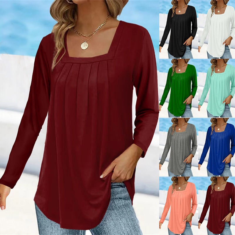 Women's Ruched Square Neck Long Sleeve Cotton-Blend T-Shirt